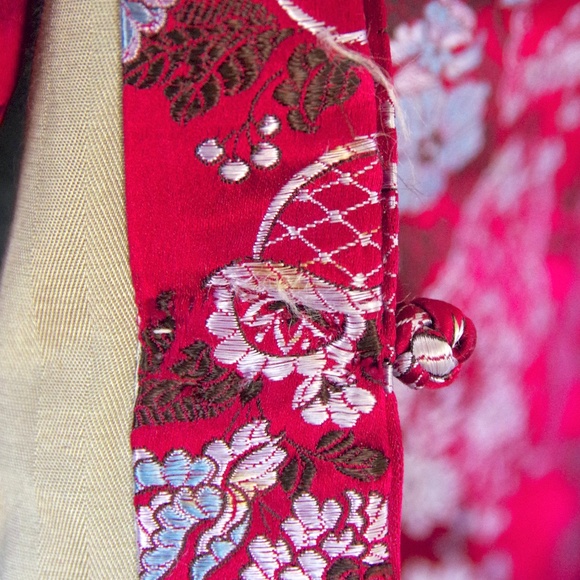 Traditional Chinese Padded Jacket Pink Silk Asian Jacket w/ Blue Accents - Picture 4 of 14